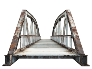 a weathered. rusty metal bridge with an arched design. emphasizing its structural elements and aged appearance the bridge appears to be a pedestrian crossing. highlighting its purpose for transportati