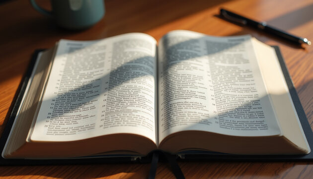 Open Holy Bible with highlighted verses, inspirational mood, on study desk, bright light, copy space