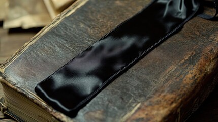 Black Ribbon Rests Upon Ancient Leather Bound Book
