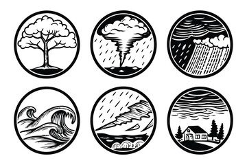 Hand-Drawn Disaster Illustration Set: Contour Sketches of Natural Calamities like Sandstorms, Droughts, and Heavy Rain