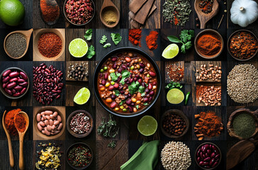 Fototapeta premium Top view of seasonings and spices on a table with table with many different foods 