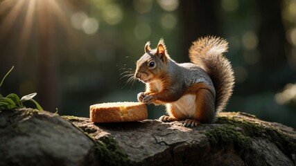 A squirrel enjoying a piece of bread on a mossy log in a sunlit forest.