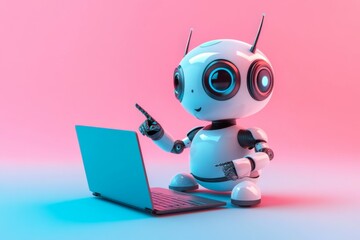 Cute Robot Using Laptop