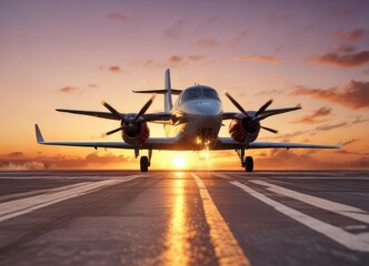 Fototapeta premium A small plane takes off into the sky from a runway at sunrise, sunrise, morning, sky
