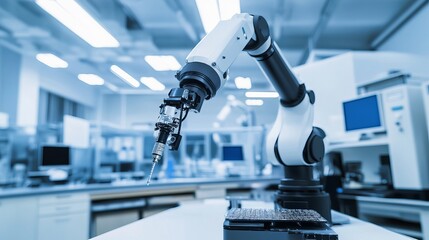 A robotic system conducting automated inspections of high-end consumer electronics in a clean, high-tech inspection lab, modern and precise environment with a focus on electronics quality control
