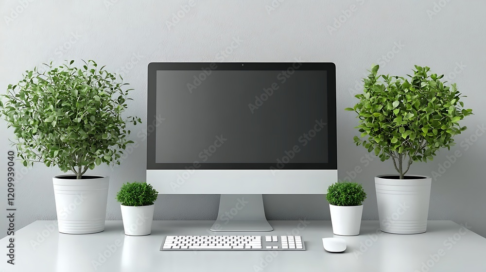 Poster modern workspace minimalism: a sleek desktop computer with a blank screen sits between two potted pl