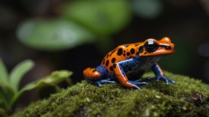 Fototapeta premium A vibrant orange and blue frog perched on moss in a lush environment.
