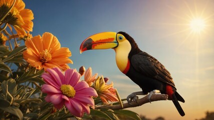 A vibrant toucan perched on a branch surrounded by colorful flowers under a bright sky.
