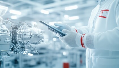 A factory worker uses a tablet to monitor and control industrial machinery in a modern manufacturing facility