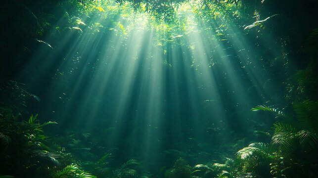 Sunbeams in Cenote: Mystical sunbeams pierce the crystal-clear waters of a cenote, illuminating lush underwater vegetation in an ethereal underwater scene.  