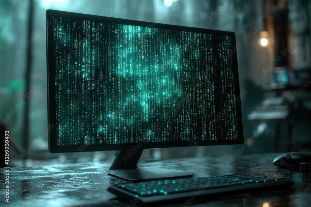 Poster A computer monitor and keyboard on a desk in an office setting