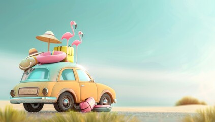 Retro car with surfboard, suitcases and palms, Summer vacation concept, generative ai