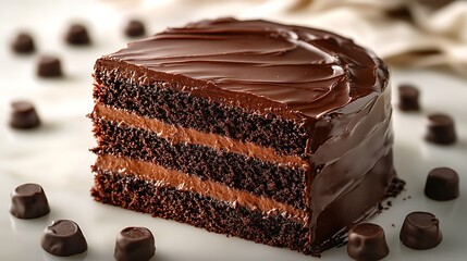 Decadent Chocolate Cake Slice: A rich, moist double-layer chocolate cake, generously frosted with decadent chocolate ganache, sits invitingly on a marble surface, surrounded by chocolate shavings.