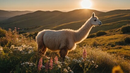 Fototapeta premium A serene llama stands in a flower-filled meadow at sunset, surrounded by rolling hills.