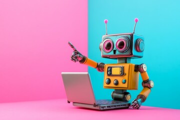 Retro Robot with Laptop against Colorful Background