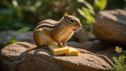 Obraz premium A chipmunk stands on a rock, interacting with two pieces of yellow sponge in nature.