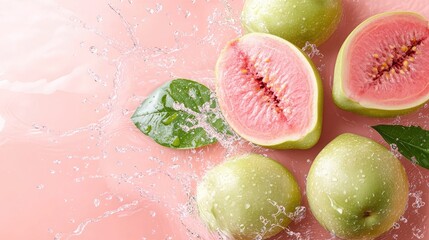 Fototapeta premium A vibrant guava enveloped in water splash effects on a coral pink background, evoking a tropical vibe.