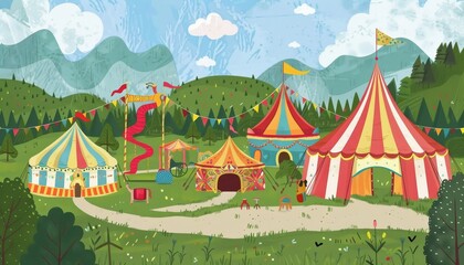 Fototapeta premium A colorful circus tent with red, yellow, and blue stripes stands in a grassy field with mountains and trees in the background. There are other smaller tents and a red slide in the foreground.