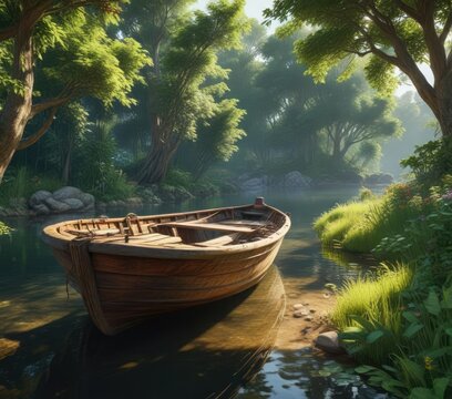 A peaceful scene with a rustic boat and surrounding greenery, solitude, wooden