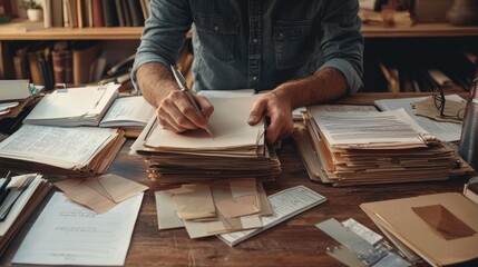 Job seeker organizing professional documents in binder