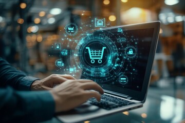 Young man using laptop with shopping cart icon,  Online shopping and e-commerce concept., Generative AI