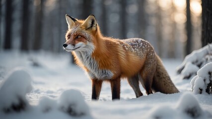 A majestic fox stands in a snowy forest, showcasing its vibrant fur against a winter backdrop.