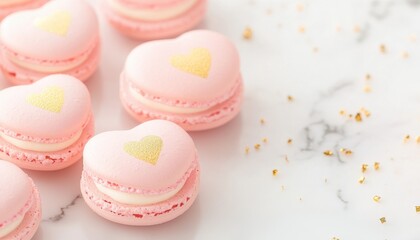 Obraz premium Close-up of Delicate Pink Heart-Shaped Macarons with Gold Accents on Marble Surface