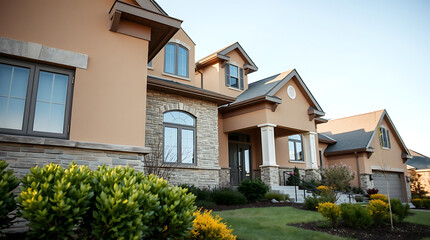 Luxury Home Exterior: Modern Architectural Design and Landscaping.  Stunning facade with stone and brick details, showcasing a beautiful residential property.