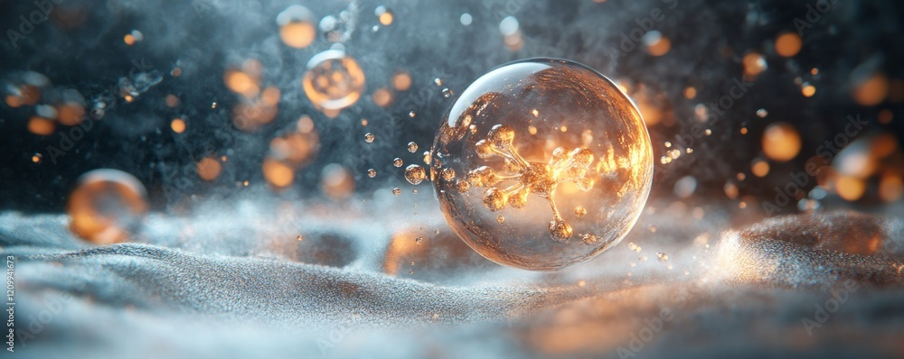 Poster methane and co2 concept, floating bubbles with sparkling effects in a misty environment.
