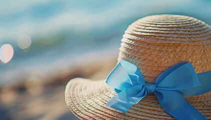 Summertime vacation concept. Time to relax. Last minute deals. Alarm clock with straw hat, starfish on the sand beach and sea background.