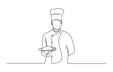 Continuous one line drawing of a chef is cooking in the kitchen, Continuous one line drawing of chef cooking with pan. Professional chef holds pan in single line draw vector illustration.