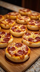Freshly baked mini pepperoni pizzas arranged on a wooden board, showcasing their golden crusts, melted cheese, and vibrant toppings in a warm kitchen setting