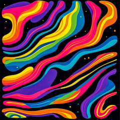 Trippy psychedelic patterns featuring vibrant rainbow colors and retro disco elements, with a groovy, nostalgic vibe.