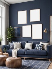 Creative composition of stylish modern spacious living room with blank poster frame