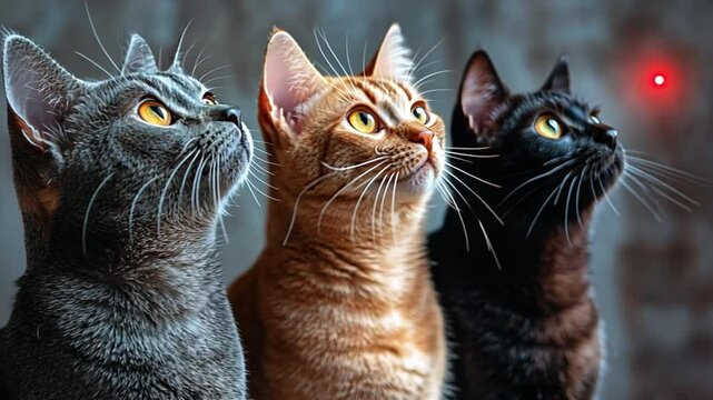 Three Cats Watching Laser Pointer: Three cats of different colors&mdash;grey, ginger, and black&mdash;sit side-by-side, their gazes intently fixed on a red laser pointer dot.