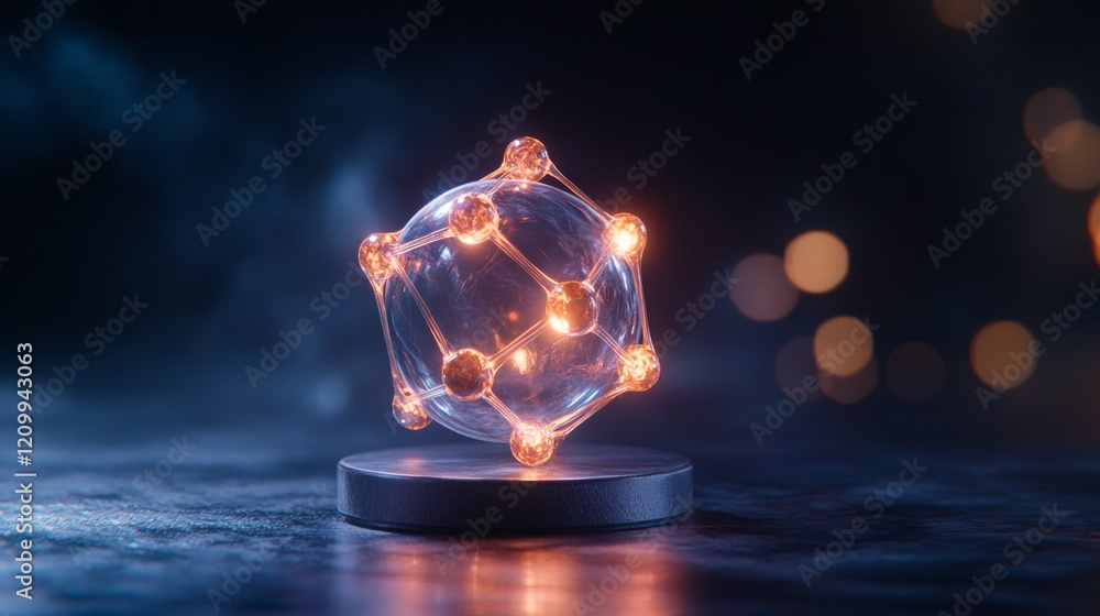 Poster methane and co2 concept, 3d molecular structure with glowing nodes on a dark background.