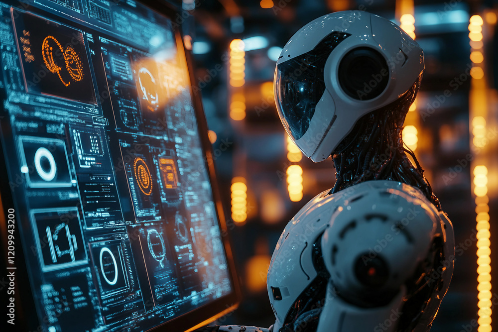 Poster a close-up of a humanoid robot's face, with other robots in the background ai generative