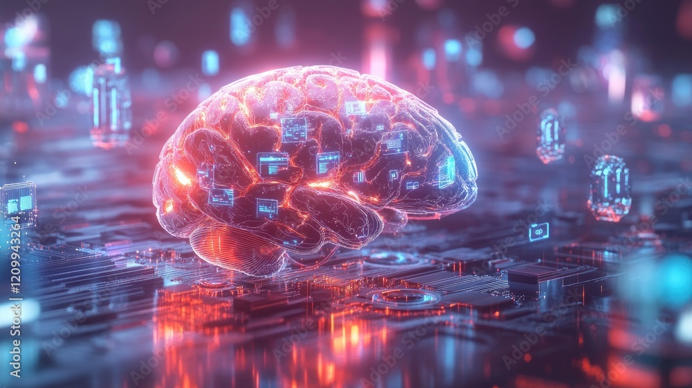 Poster abstract digital brain surrounded by floating ai and tech-related icons on a glowing background.
