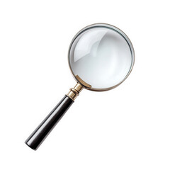 classic magnifying glass with a round lens and a black handle. resting on a clean. white background this tool is commonly used for magnification. enhancing visibility of small text or details. and is