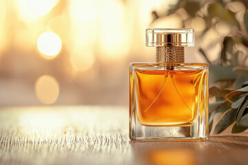 Elegant glass perfume bottle with warm golden liquid and sunlit background