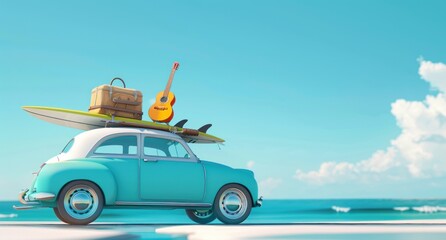 Car and beach bed at the sea. Ready for summer travel. Summer and holiday, road trip concept