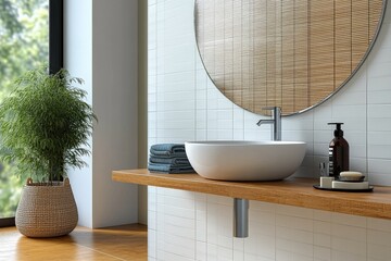 Elegant Modern Bathroom Interior with Round Mirror and Minimalist Aesthetic Featuring Natural Elements and Clean Design