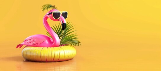 Inflatable flamingo banner Hawaiian style with copy space on yellow background. Summer vacation, Summer time