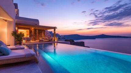 Elegant villa featuring a breathtaking pool and inviting outdoor lounge, illuminated by the soft hues of sunset