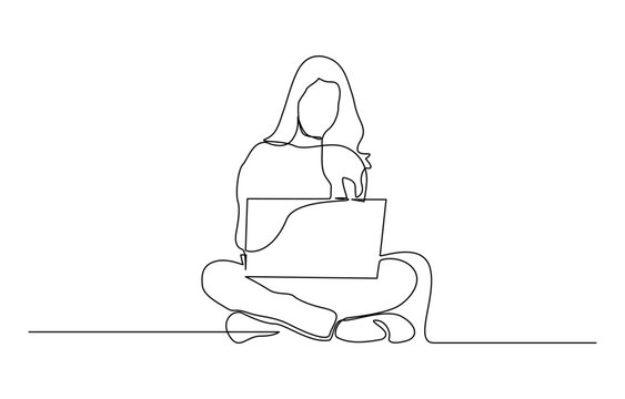 recommend clip art: Continuous one single line drawing Happy professional young business woman using laptop, Professional young business woman using digital mobile phone tablet laptop work.