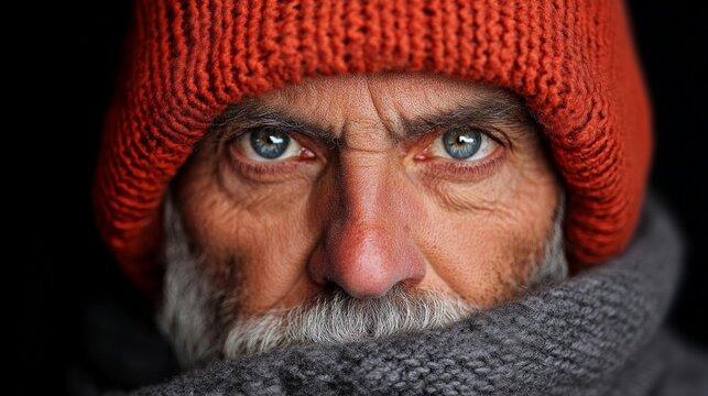 The Intensity of Experience: A close-up portrait of a weathered man with piercing blue eyes, a thick gray beard, and a red beanie. His gaze holds a quiet strength and depth of experience.