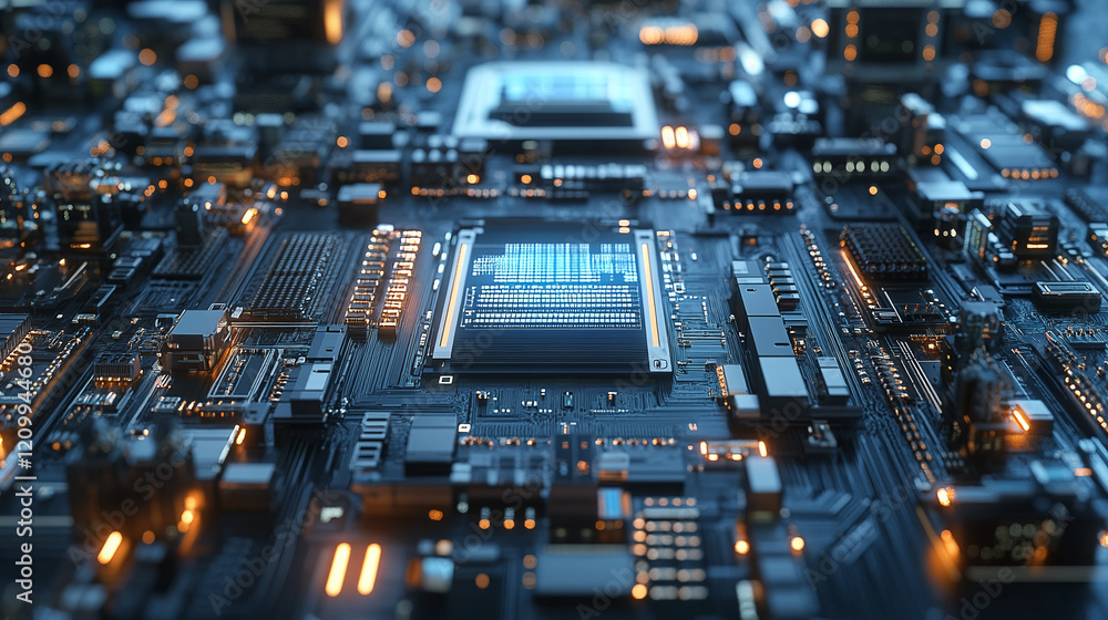 Poster a high-tech close-up of an illuminated circuit board, showcasing intricate electronic components and