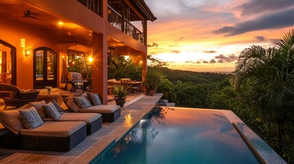 Obraz premium Elegant villa with a magnificent pool and cozy outdoor seating area, basking in the warm, golden glow of the evening sun