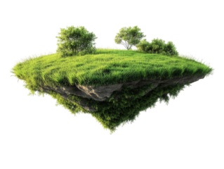 a floating island with lush green grass and small trees. creating a surreal and imaginative landscape the scene emphasizes nature and tranquility. inviting viewers to contemplate the beauty of the env