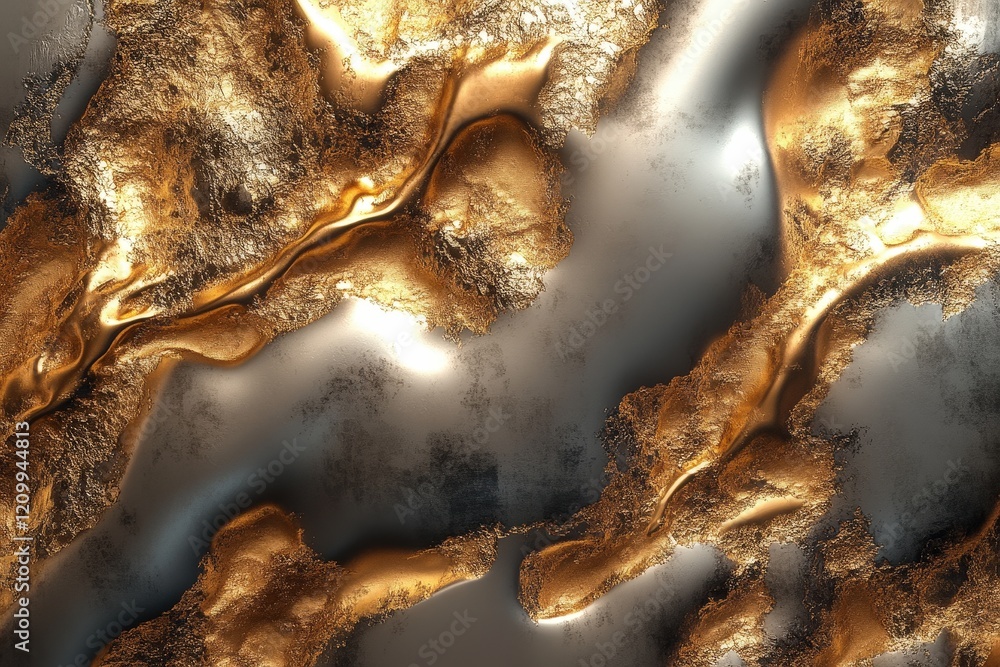 Poster abstract liquid metal artwork with dynamic changing patterns and textures in golden and silver tones